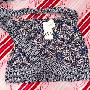 Zara Navy and Beige Floral Wrap Skirt